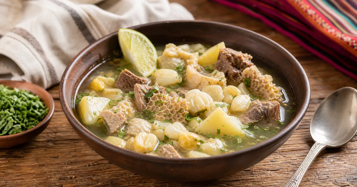 Caldo de mote in einer Schale mit Mais, Kartoffeln, Fleisch und frischen Kräutern