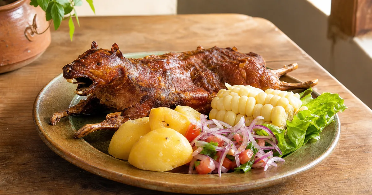 Cuy chactado peruano servido com batatas, milho e salsa criolla