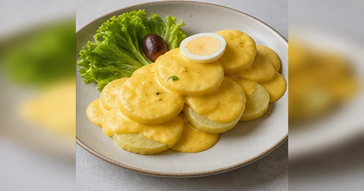 Papa a la huancaina served with creamy yellow huancaina sauce, boiled eggs and olives